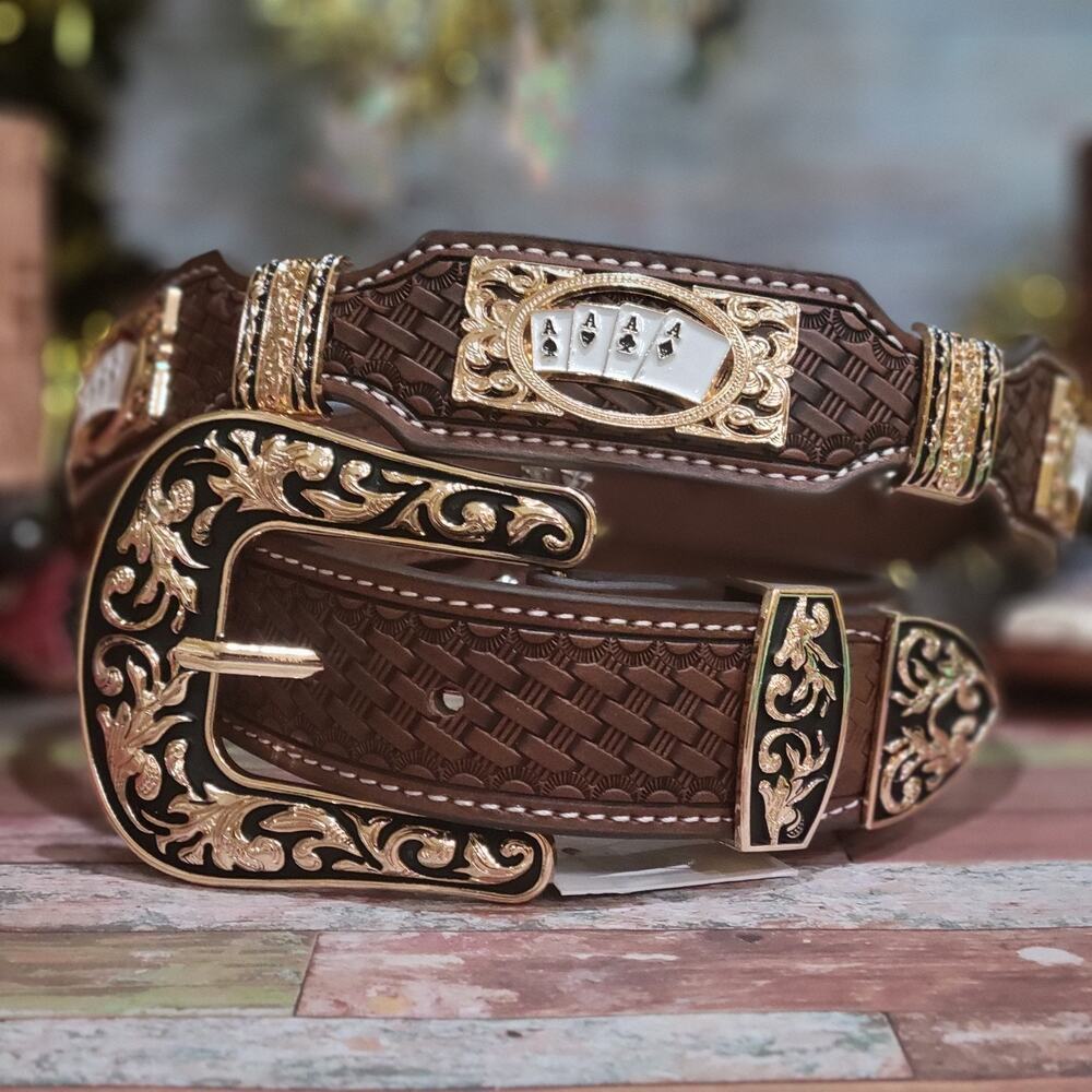 Four Aces Texas Western Belt Cowboy Cowgirl/ genuine Leather sz LG Brown Gold